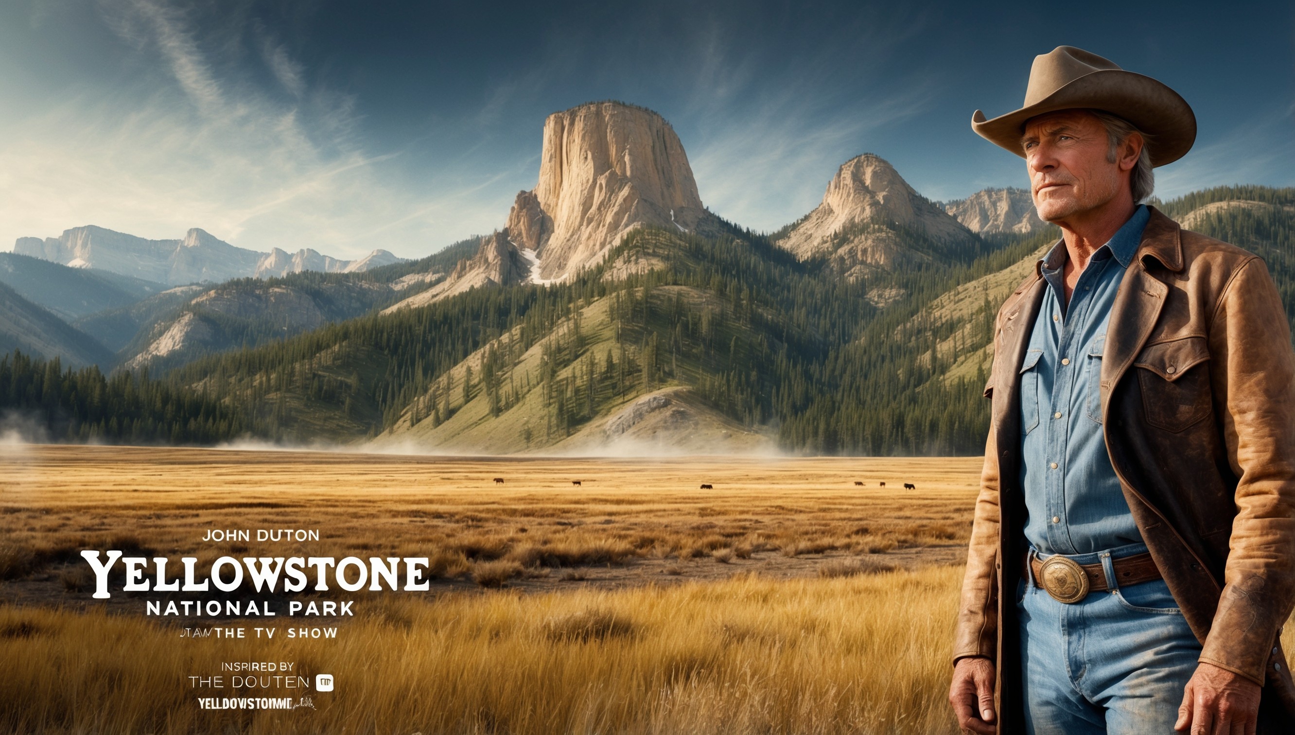 A serene and dramatic landscape depicting the vast, open ranges and majestic mountains of Yellowstone National Park, inspired by the TV show, with a warm and earthy color palette featuring shades of olive green, terracotta, and golden yellow, evoking a sense of adventure and the American West. In the foreground, a rugged cowboy, possibly John Dutton, stands tall, clad in worn denim and a well-worn leather duster, with a strong jawline, piercing blue eyes, and a weathered Stetson hat, gazing out at the breathtaking scenery. The sky above is a deep blue with only a few wispy clouds, and the atmosphere is calm, with a sense of tranquility and freedom. The composition is cinematic, with the cowboy positioned in the lower left corner, drawing the viewer's eye to the majestic landscape that stretches out before him.