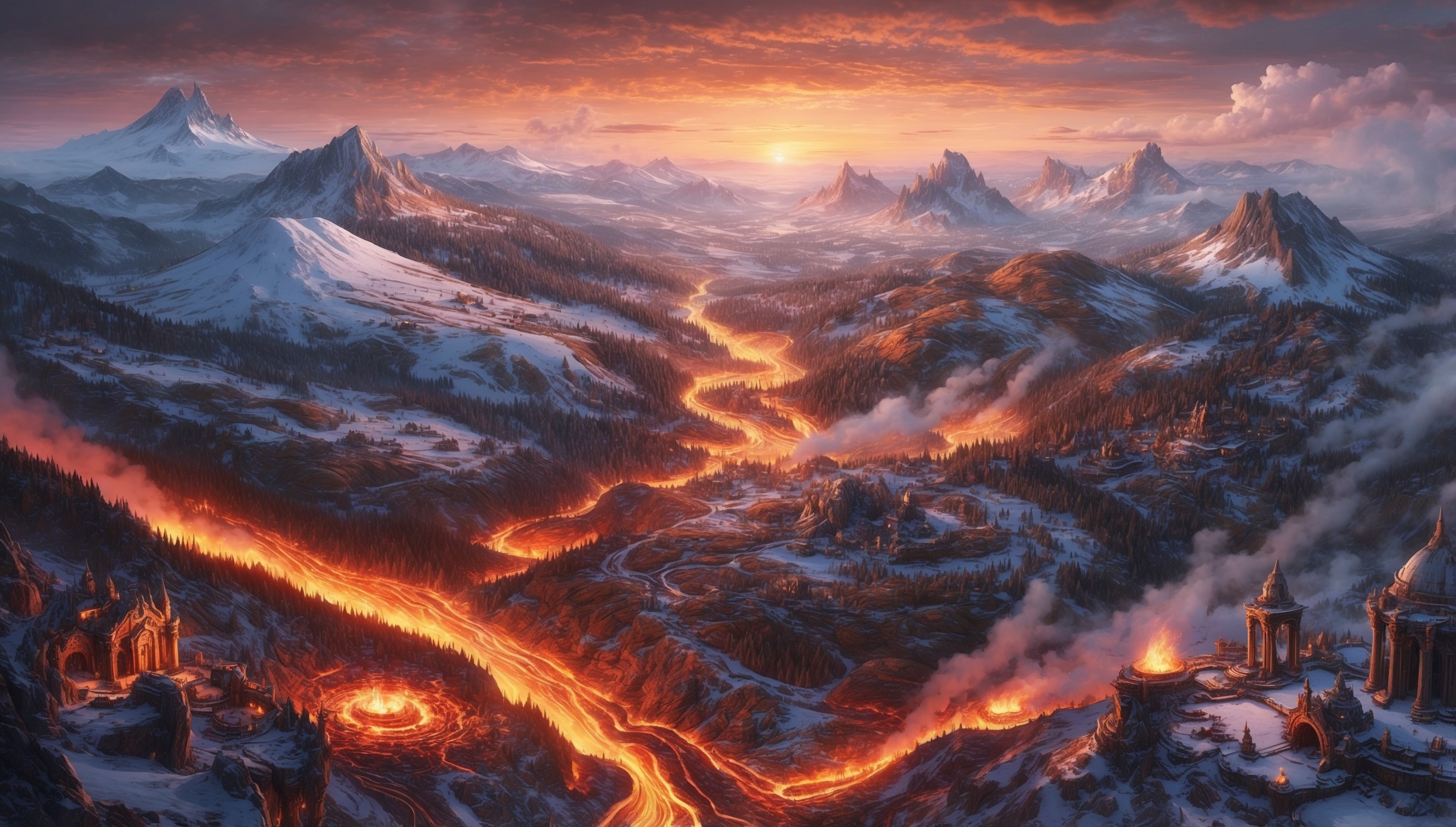 A sweeping landscape of the vast and mystical world of Azeroth, as seen in the popular massively multiplayer online role-playing game World of Warcraft, with rolling hills, snow-capped mountains, and ancient forests, set against a backdrop of a fiery orange and pink sunset, with a few wispy clouds scattered across the sky, and a subtle mist hovering above the terrain, illuminated by the warm glow of lava flows and torches, with intricate details of mythical creatures, ancient ruins, and majestic architecture, and a sense of epic adventure and discovery, with a mix of realistic and fantastical elements, rendered in a stylized, vibrant, and highly detailed digital art style, with bold lines, rich textures, and a mix of warm and cool colors.