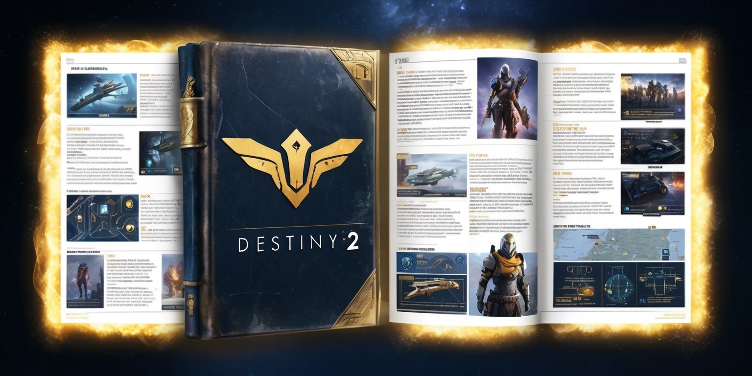 A comprehensive guide to Destiny 2, presented as a worn, leather-bound book with a golden emblem of the Destiny 2 logo on the cover, set against a dark, starry background that evokes a sense of mystery and adventure, with the book's pages edged with a subtle, golden glow, as if illuminated by an otherworldly energy, with vibrant, full-color illustrations of the game's characters, locations, and weaponry throughout, interspersed with detailed, step-by-step instructions and maps, written in a bold, modern font with clear headings and concise, easy-to-follow language, with the overall design inspired by ancient, mystical tomes and futuristic, high-tech interfaces.