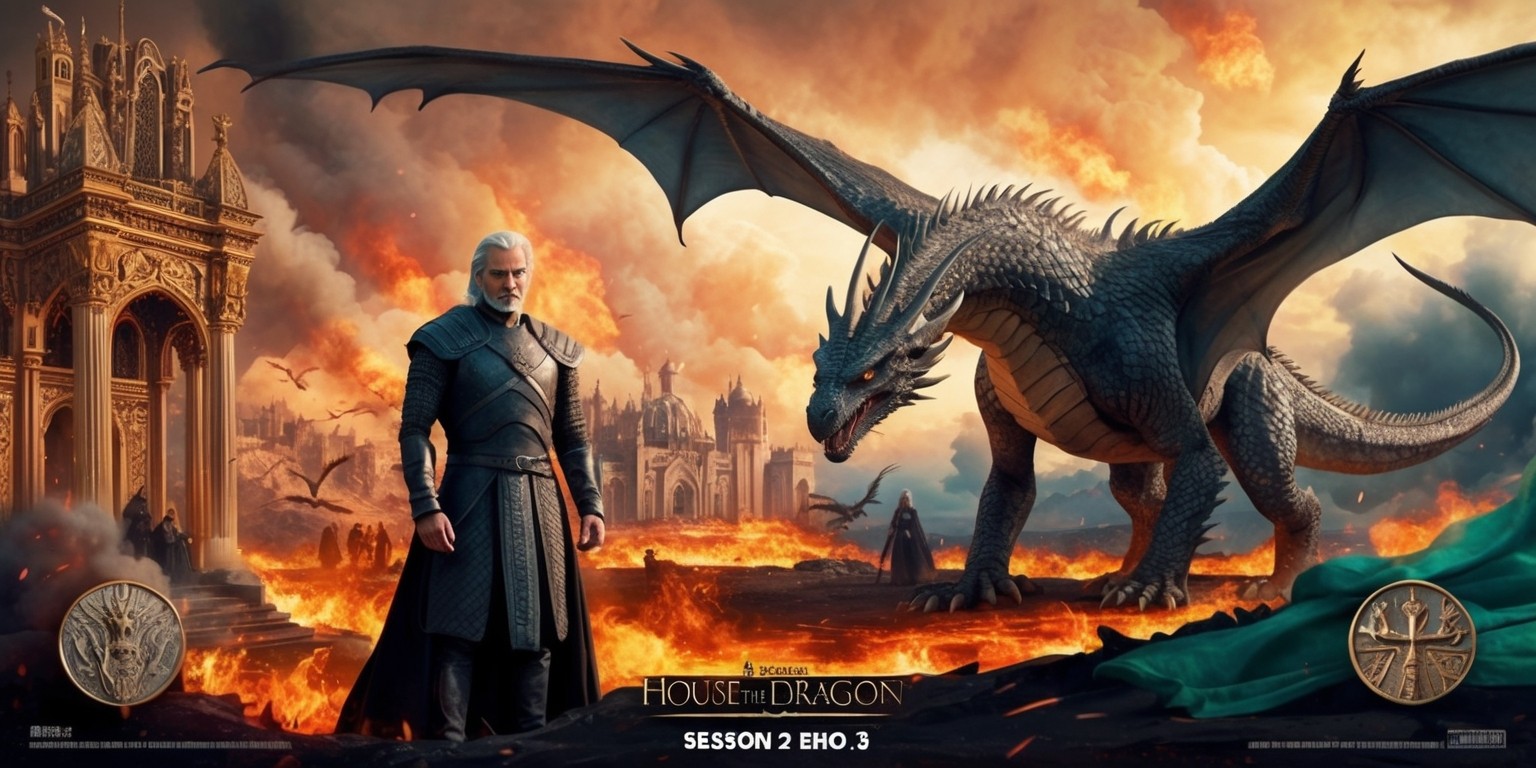 A detailed illustration of a pivotal scene from House of the Dragon Season 2, Episode 5, featuring a majestic, ornate, and atmospheric depiction of dragons, characters, and settings inspired by the show, with defined brushstrokes and textures, warm golden lighting, and deep shadows, set against a backdrop of fire-scorched skies, with Daemon Targaryen, a brooding figure with sharp facial features, piercing eyes, and silver hair, standing alongside his dragon, Caraxes, a massive, scaled beast with outstretched wings, amidst a fiery landscape, surrounded by flames, smoke, and destruction, with intricate architecture, ornate buildings, and symbols of House Targaryen, with subtle hints of green and blue, and an overall sense of drama and intensity.