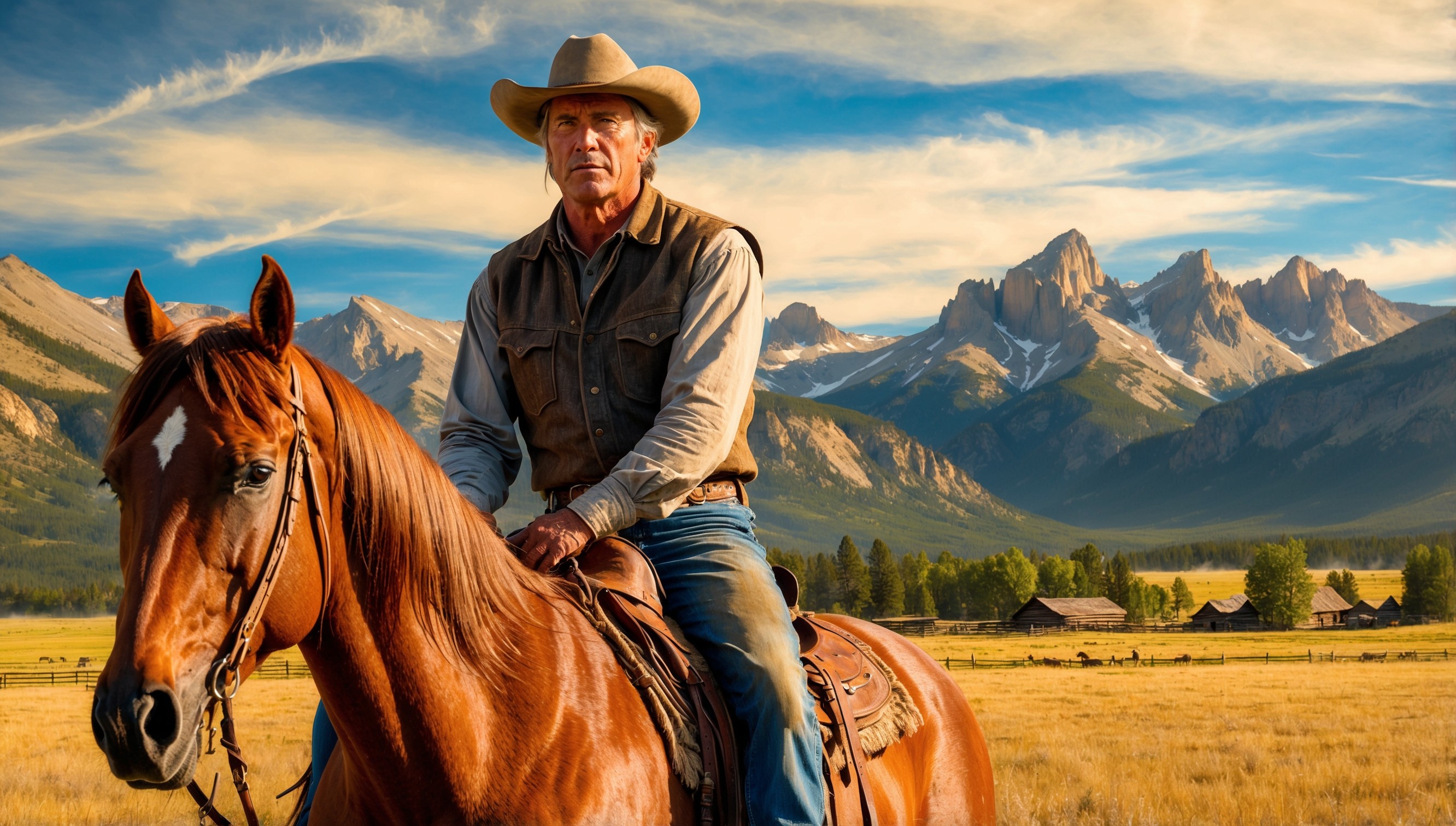 A scenic landscape depicting the vast, open ranges and majestic mountains of Montana, set against a warm, golden light, evoking the rugged spirit of the Yellowstone TV show. In the foreground, a worn, weathered cowboy, perhaps John Dutton, with a strong, angular face, piercing blue eyes, and a stern expression, sits astride a majestic horse, its coat a rich, chestnut brown. The sky above is a brilliant blue, with only a few wispy clouds scattered across it, and in the distance, the faint outline of the Yellowstone ranch's rustic buildings and green pastures can be seen. The overall mood is one of gritty realism, with earthy tones of green, brown, and beige dominating the color palette, accented with hints of sky blue and golden yellow.