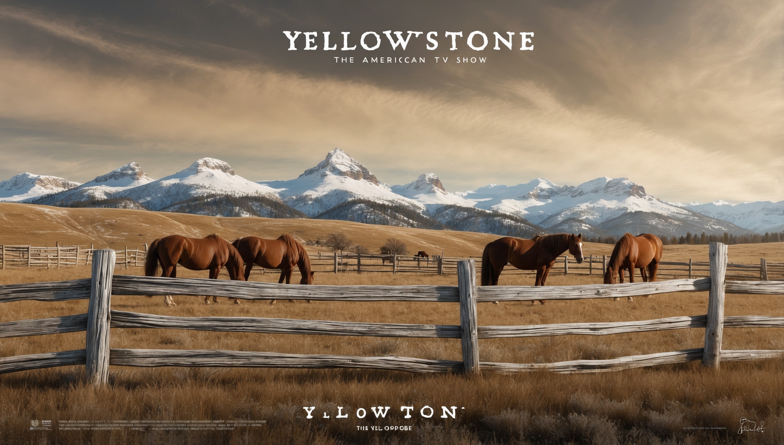 A serene landscape depicting the American West, set against a warm, sun-kissed sky with a few wispy clouds, inspired by the Yellowstone TV show. In the foreground, a rustic wooden fence weathered to a silvery gray, worn by time and the elements, stretches across the rolling hills. A few majestic horses graze peacefully, their coats glistening in shades of brown and chestnut. In the distance, the snow-capped peaks of the Rocky Mountains rise, their rugged grandeur a testament to the vast, untamed beauty of Montana. The mood is tranquil, evoking a sense of freedom and adventure, with hints of earthy tones and natural textures. The style is realistic, with attention to detail and a cinematic quality, as if snapped from the lens of a seasoned wildlife photographer.