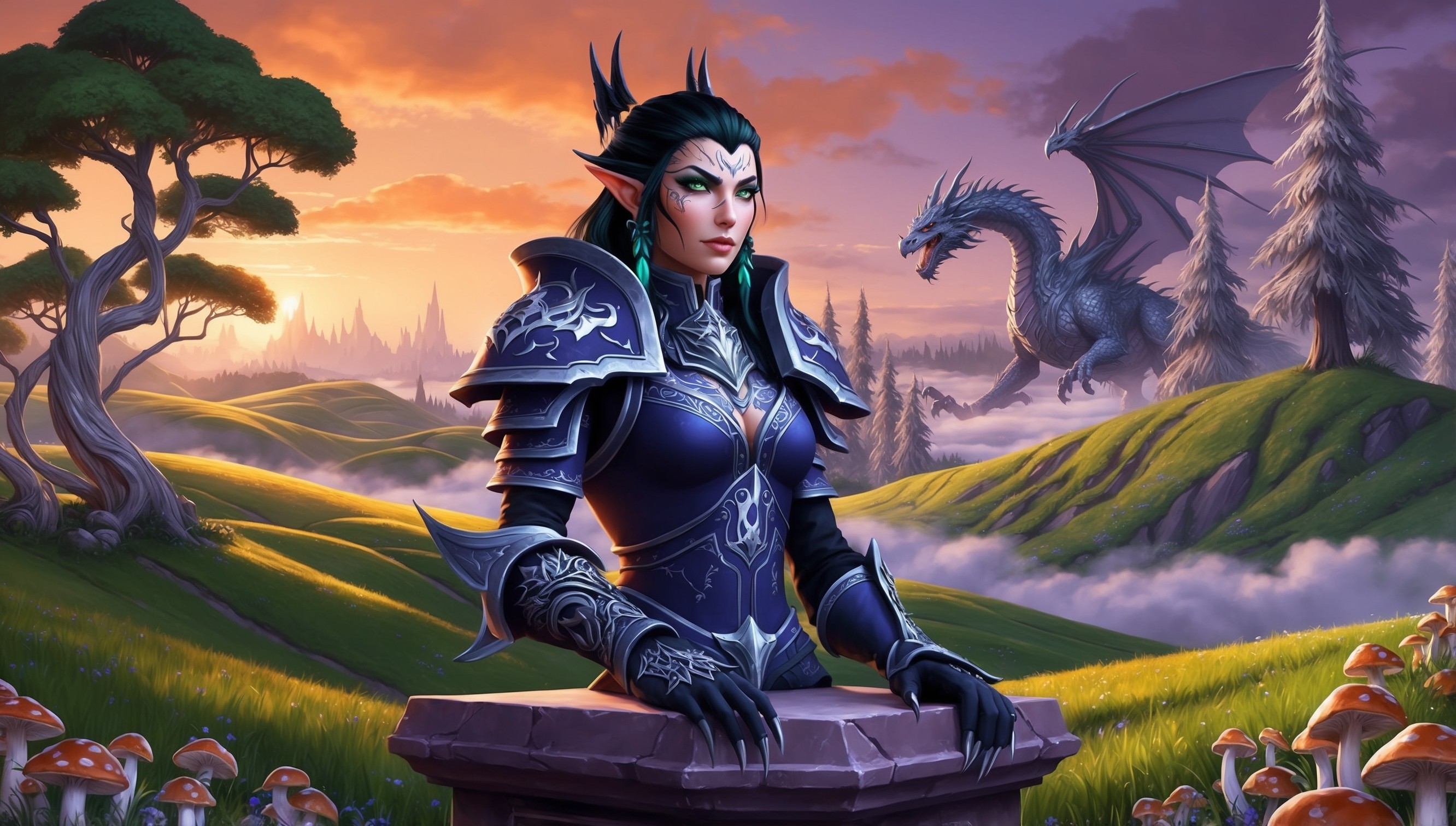 A vibrant digital artwork depicting the fantastical realm of World of Warcraft, set against a warm orange and purple sunset sky, with rolling hills of emerald green and towering trees of ash and silver in the distance, illuminated by the soft glow of luminescent mushrooms and fireflies, as a regal Night Elf warrior with piercing emerald green eyes, raven-black hair, and intricate silver tattoos, clad in ornate armor adorned with the emblem of the Alliance, proudly stands atop a rugged stone pedestal, gazing out towards the horizon, with the majestic silhouette of a dragon soaring in the background, amidst wisps of misty fog, evoking a sense of adventure and heroism in the midst of the Warcraft universe.