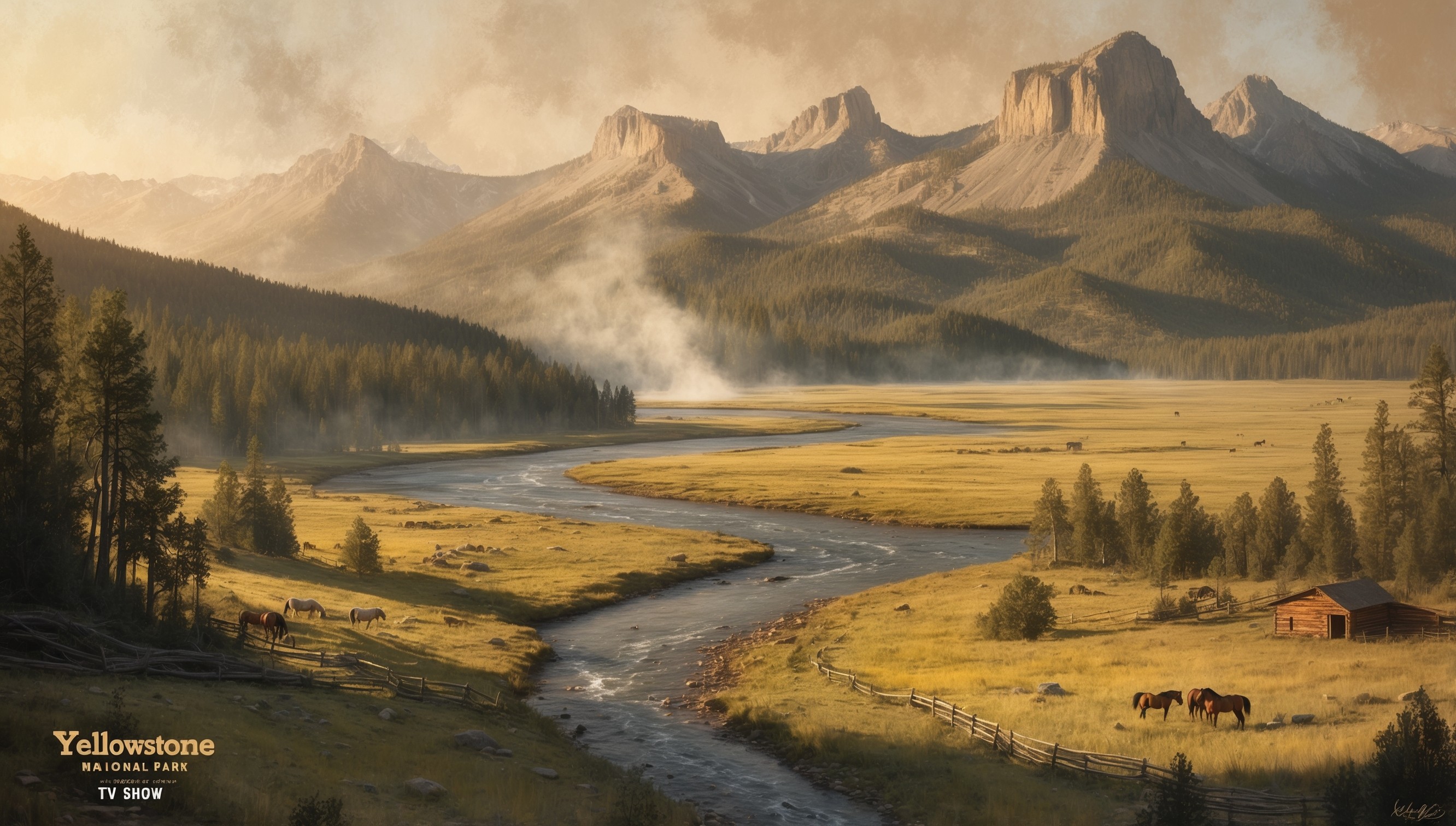 A serene landscape depicting the sweeping vistas of Yellowstone National Park, inspired by the TV show, with a warm golden light casting long shadows across the rustic terrain, featuring a meandering river in the distance, surrounded by lush green forests, with majestic mountains rising in the background, perhaps with a subtle hint of smoke or mist, evoking a sense of rugged beauty and untamed wilderness, with a few horses or ranching equipment subtly integrated into the scene, hinting at the show's themes of ranching and land ownership, in a style reminiscent of Western art, with earthy tones of olive green, terracotta, and sage, and a slight sense of gritty realism, as if captured by a seasoned photographer, with a shallow depth of field, drawing the viewer's eye to the heart of the landscape.