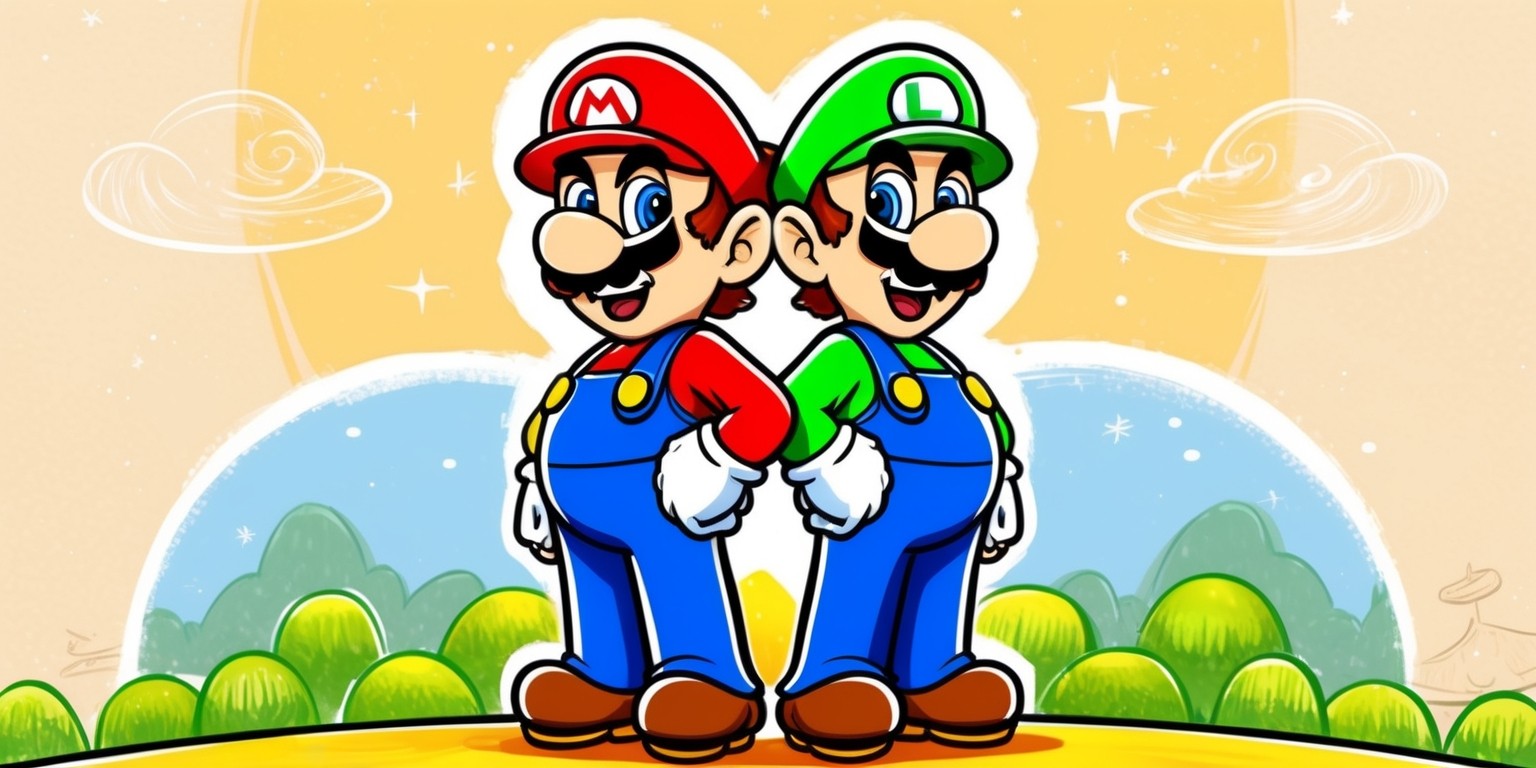 A vibrant, whimsical illustration of Mario and Luigi, the iconic plumber brothers, standing back-to-back, showcasing their unbreakable bond and brotherly love, set against a warm, sunny background with subtle hints of the Mushroom Kingdom's lush greenery and blue skies. Mario, dressed in his signature red hat, blue overalls, and yellow shirt, has a bright, cheerful smile and a confident stance, while Luigi, wearing his green hat, yellow overalls, and white shirt, has a slightly more timid expression, with a hint of mischief in his eyes. The brothers are surrounded by subtle, swirling clouds and faint, shimmering stars, emphasizing the sense of adventure and nostalgia. The style is reminiscent of classic video game concept art, with bold lines, bright colors, and a mix of digital and hand-drawn textures. The overall mood is lighthearted, playful, and full of warmth, celebrating the unshakeable bond between the two brothers.