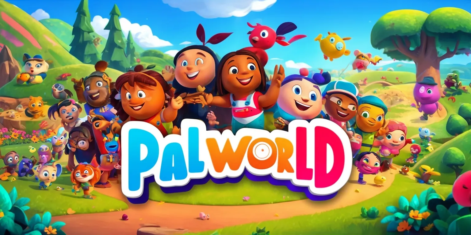 A vibrant and colorful digital illustration of the Palworld game, featuring a diverse array of Pals, each with unique characteristics, facial expressions, and skin colors, set against a beautiful, lush environment with rolling hills, towering trees, and a clear blue sky, with a mix of warm and cool colors, and a dynamic layout that showcases the game's exciting gameplay and adventures, with the Pals interacting with each other and their surroundings in a playful and imaginative way, and the game's logo prominently displayed in a bold, modern font with bright, eye-catching colors.