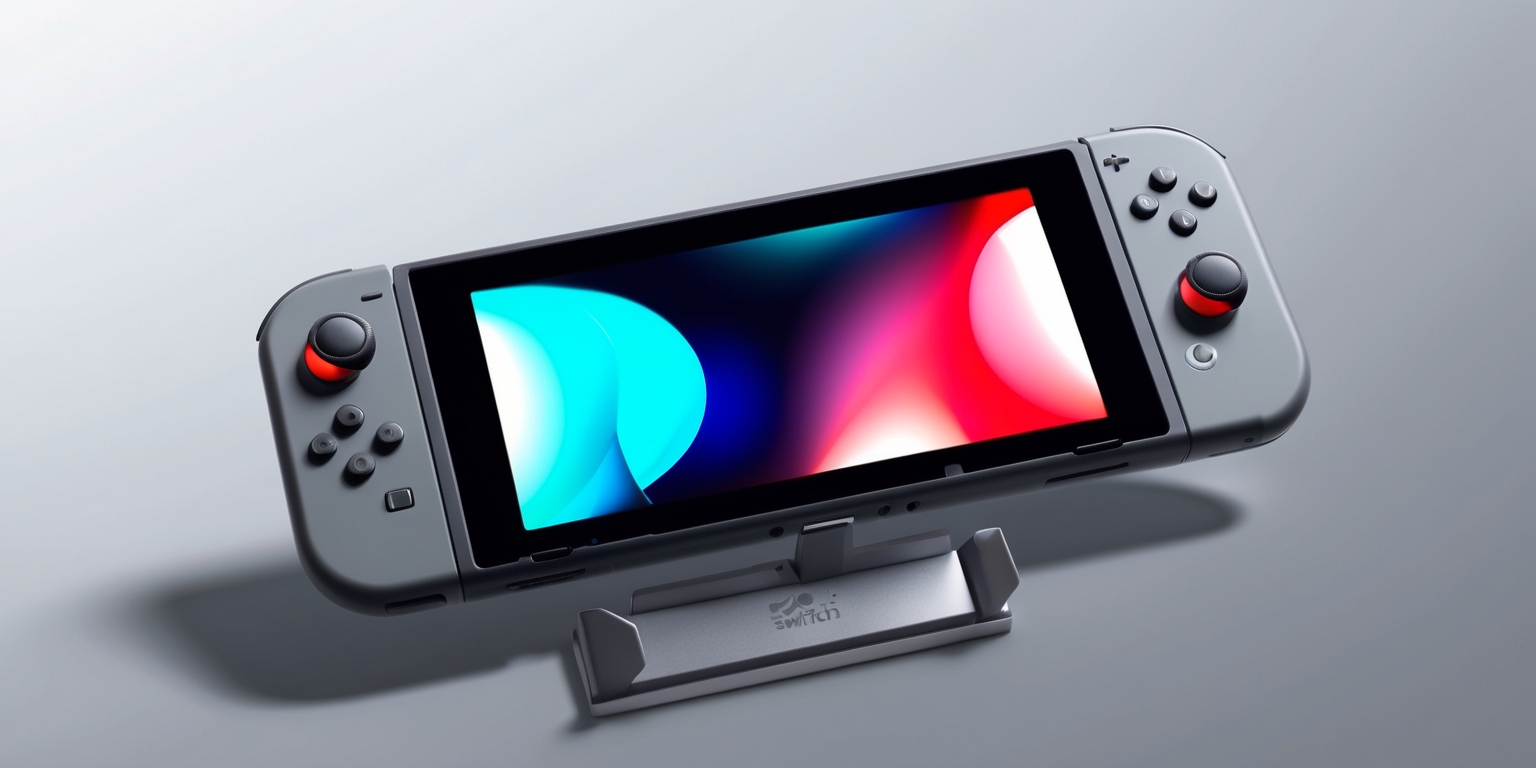 A sleek, modern Nintendo Switch 2 console sitting on a minimalist, light-gray background, with a subtle gradient effect to enhance the device's curves, showcasing its slim and compact design, featuring a vibrant, high-contrast 7-inch OLED screen with a 720p resolution, a pair of detachable Joy-Con controllers in a matching matte finish, with the left controller sporting a bright blue accent on the face buttons and the right controller featuring a bold red accent, both with rounded edges and a textured grip, a silver-colored kickstand protruding from the back of the console, allowing for comfortable tabletop mode gaming, and a subtle, embossed Nintendo logo on the top-left corner of the console in a metallic silver finish.