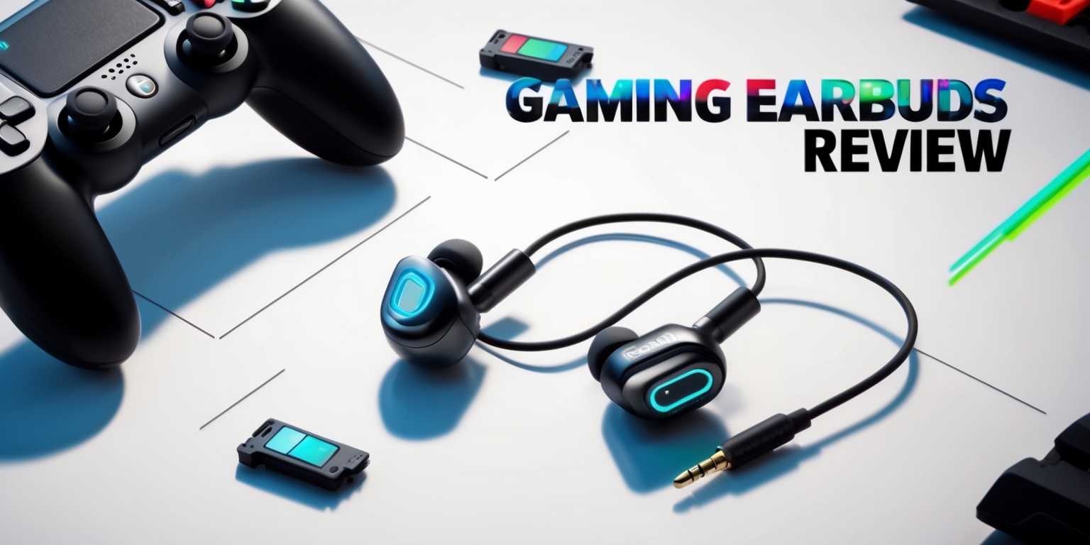 A modern, sleek, and minimalist illustration of a pair of high-tech gaming earbuds resting on a clean, white, and minimalist background, with subtle shadows to enhance depth, surrounded by gaming-related elements such as a controller, a gaming mouse, and a few scattered game cartridges, all neatly arranged in a harmonious composition, with bold, vibrant colors like electric blue, neon green, and fiery red, to evoke a sense of energy and excitement, the earbuds themselves featuring metallic accents, with a subtle glow effect on the earpieces, and a 3.5mm audio jack and cord wrapped around them, with a few subtle hints of wear and tear, such as slight scratches and scuffs, to add a touch of realism, alongside a bold, modern, and futuristic font displaying the title Gaming Earbuds Review in metallic silver, with a subtle gradient effect, centered above the earbuds, and a few faint, gradient-colored lines and shapes in the background to add visual interest and depth.