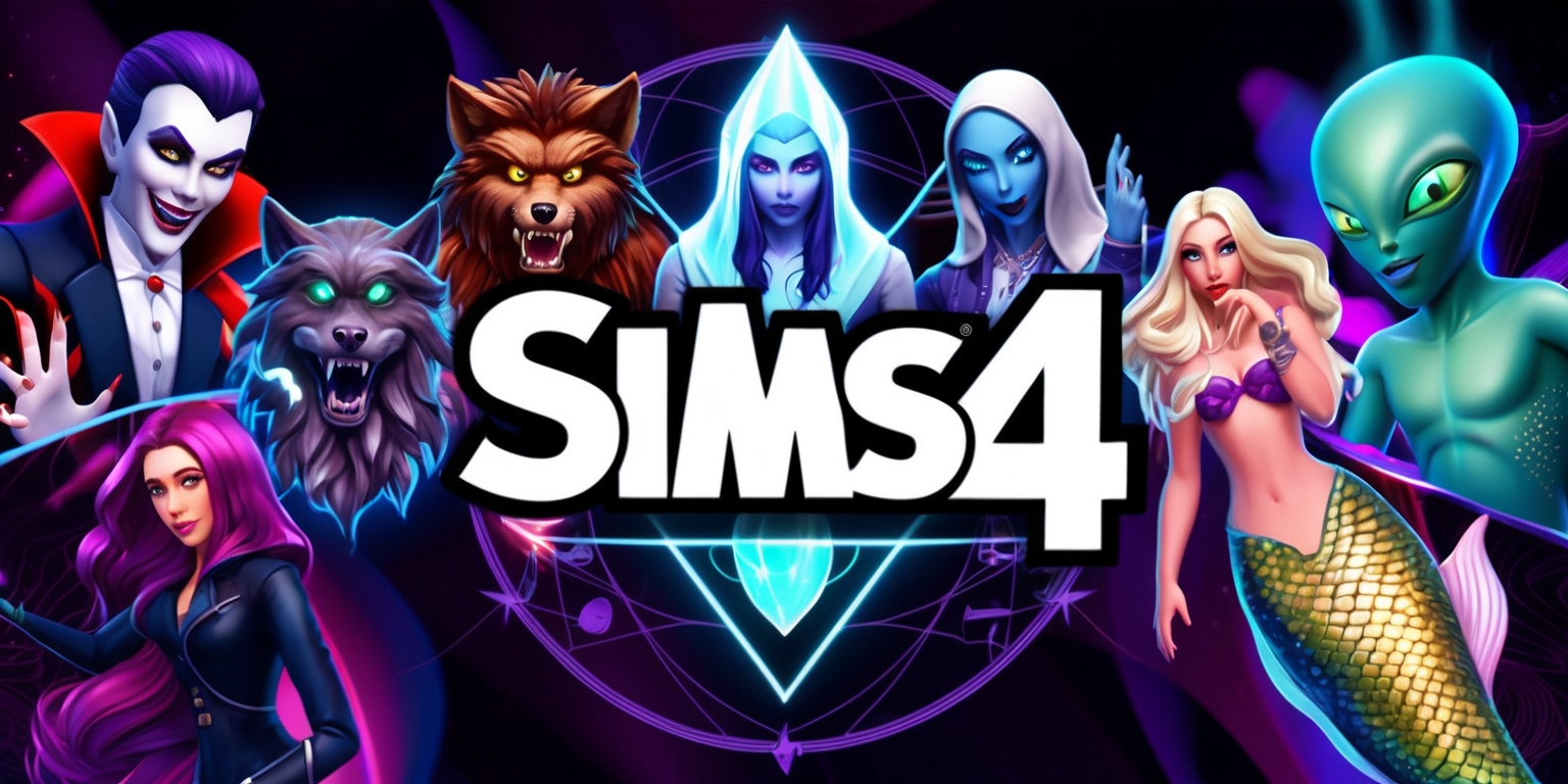 A vibrant and dynamic digital artwork showcasing various Sims characters in their supernatural and occult forms, including a pale-skinned vampire with sharp fangs, a werewolf with thick fur, a ghost with a translucent glow, a spellcaster with a magical aura, an alien with large, almond-shaped eyes, and a mermaid with shimmering scales, each with unique abilities and challenges, set against a dark, mystical background with bold, neon colors and subtle, glowing effects, with the Sims 4 game logo prominently displayed in a modern, sleek font, surrounded by occult symbols and mystical patterns.