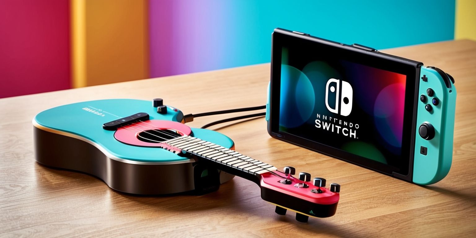 A detailed view of the Hori Guitar Life music learning system, a Nintendo Switch peripheral, with a sleek and modern design, featuring a guitar-shaped controller with buttons and a strumming area, connected to a Nintendo Switch console, on a wooden table or desk with a bright and colorful background, the controller's surface showcasing a mix of metallic and matte finishes, with vibrant colors and a futuristic aesthetic, the Nintendo Switch logo prominently displayed on the console, and the Hori logo visible on the controller, with a slight glow effect on the screen to highlight the music learning system's interface and gameplay.