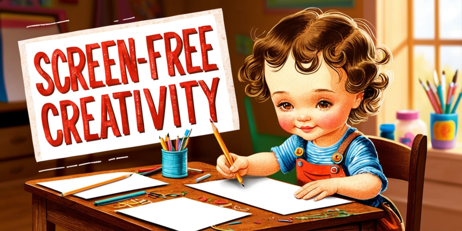 A vintage-inspired illustration of a child sitting at a wooden desk with a pencil in hand, surrounded by sheets of paper, paintbrushes, and colorful art supplies, in a warm and cozy environment with lots of natural light, featuring a prominent headline that reads Screen-Free Creativity in a bold, playful font with a subtle texture, while the child's facial features are gentle and focused, with a few loose strands of curly brown hair framing their face, and their skin has a warm, golden undertone, as they concentrate on bringing their imagination to life.