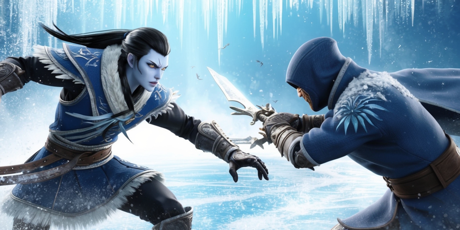A frosty, high-stakes battle arena sets the stage for an intense, icy showdown, where a skilled warrior with piercing blue eyes, pale skin, and jet-black hair must utilize agility, quick reflexes, and deep tactical thinking to outmaneuver a stealthy adversary, with a focus on reading environmental cues, deciphering fleeting visual signals, managing rapid dodges and counterattacks, and adapting strategies on the fly, amidst a backdrop of shimmering ice and snow, with a predominantly blue and white color palette, and a dynamic, action-packed composition, capturing the essence of a fast-paced, strategy-oriented digital combat experience.