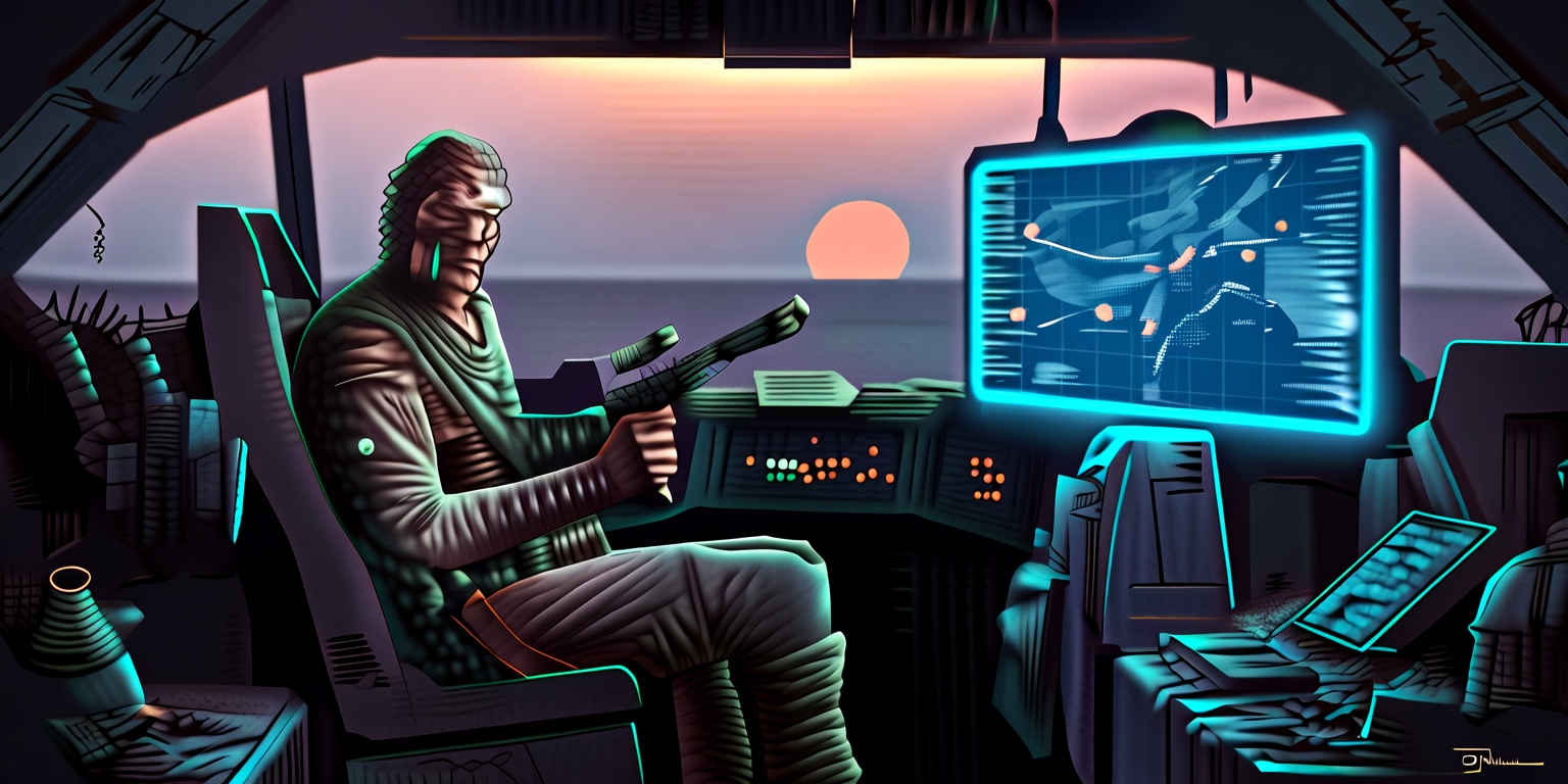 A gritty, high-contrast digital illustration of a bounty hunter's dimly lit, worn-out cockpit, set against a backdrop of a distant, binary sunset, with a subtle, neon-lit holographic display projecting a navigational map of the galaxy in the foreground, featuring several notable locations from the Star Wars universe. The bounty hunter, a weathered, ruggedly dressed human with tired, scarred skin, a strong jawline, and a cybernetic eye, is seated in the pilot's chair, clutching a worn blaster, with a mixture of determination and exhaustion etched on their face. The surrounding area is cluttered with various scraps of salvaged machinery, worn-out armor pieces, and data pads displaying cryptic messages, giving off a sense of a hard-lived, nomadic lifestyle. The color palette is predominantly dark, with muted grays, blacks, and deep reds, punctuated by the faint, electric blue glow of the holographic display.