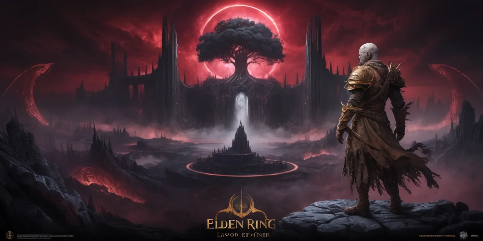 A majestic, dark fantasy artwork depicting the realm of Elden Ring, with a dramatic, gothic landscape, set against a backdrop of a haunting, crimson-hued sky, dominated by the imposing, ruined architecture of the Lands Between, featuring the Erdtree at its center, surrounded by mysterious, glowing runes and eerie, pulsing mist, with a lone, armored Tarnished warrior, clad in tattered, earth-toned attire, standing atop a rocky outcropping, gazing out upon the desolate, battle-scarred terrain, with intricate, golden accents on their armor, and an air of weary determination etched upon their weathered, pale-skinned face, as the faint, ghostly silhouette of a dragon soars menacingly in the distance.