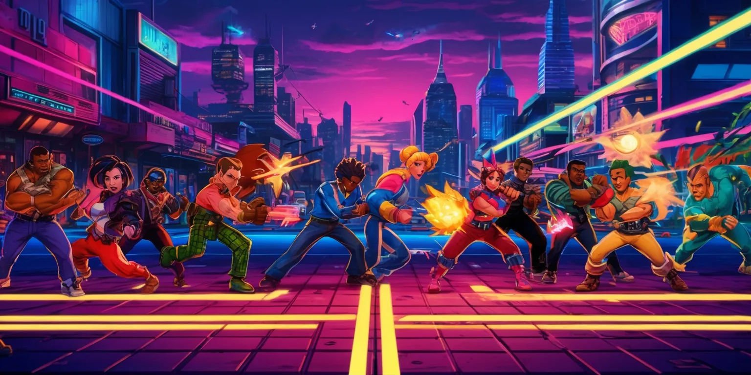 A vibrant cityscape at dusk serves as the backdrop for a time-bending urban beat 'em up game, with a stylized neon color scheme, bold lines, and dynamic character designs, featuring a diverse cast of characters with unique facial features, skin tones, and hairstyles, Set against a sprawling metropolis with towering skyscrapers, bustling streets, and a blend of futuristic and retro architecture, the scene is filled with action-packed sequences of characters exchanging blows, dodging attacks, and unleashing special moves, with speed lines, explosions, and dynamic visual effects that emphasize the game's fast-paced and thrilling gameplay, the overall aesthetic is a fusion of classic arcade style and modern graphics, with a focus on bold colors, sharp textures, and an immersive atmosphere that draws the player into the world of the game.