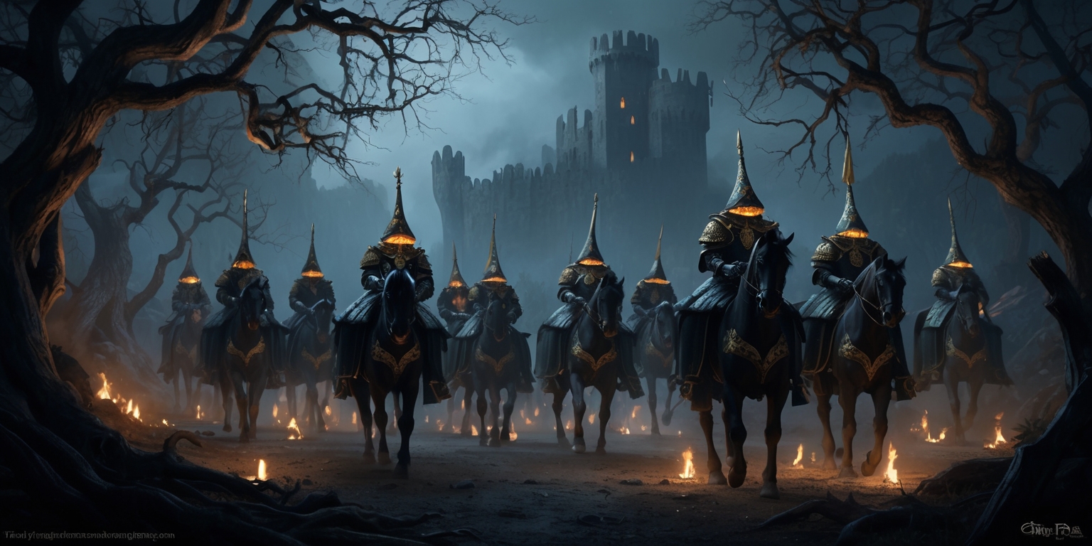 A majestic, dark medieval landscape set in the Elden Ring universe, illuminated solely by the soft, ethereal glow of luminescent mushrooms and the faint, dying embers of torches, casting an eerie, mystical ambiance. In the forefront, the majestic, horse-mounted Night's Cavalry, clad in intricately detailed, dark armor adorned with gold accents, their faces obscured by helmets with a subtle, otherworldly glow emanating from the visors. The atmosphere is thick with an air of foreboding, the trees twisted and gnarled, their branches like skeletal fingers reaching towards the heavens. In the distance, the ruins of a long-abandoned, ancient castle loom, its towers shrouded in a thick, misty veil, as if hiding secrets of the past. The color palette is a muted mix of dark blues, greys, and blacks, with touches of warm, golden light, evoking a sense of mystery and ancient, forgotten knowledge.