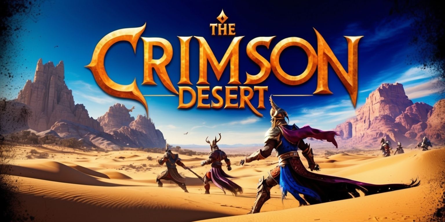 A vibrant and dynamic scene from the Crimson Desert game, featuring a sprawling desert landscape with towering sand dunes and majestic rock formations, set against a backdrop of a deep blue sky with subtle hints of orange and purple hues, with a few characters in the distance, clad in intricately designed armor and robes, their facial features strong and determined, with a mix of light and dark skin tones, and unique attributes such as ornate headpieces and flowing capes, as they engage in an intense battle or dramatic moment, with a stylized font displaying the game's logo in bold, golden letters, and a subtle texture overlay giving the image a sense of grit and realism.