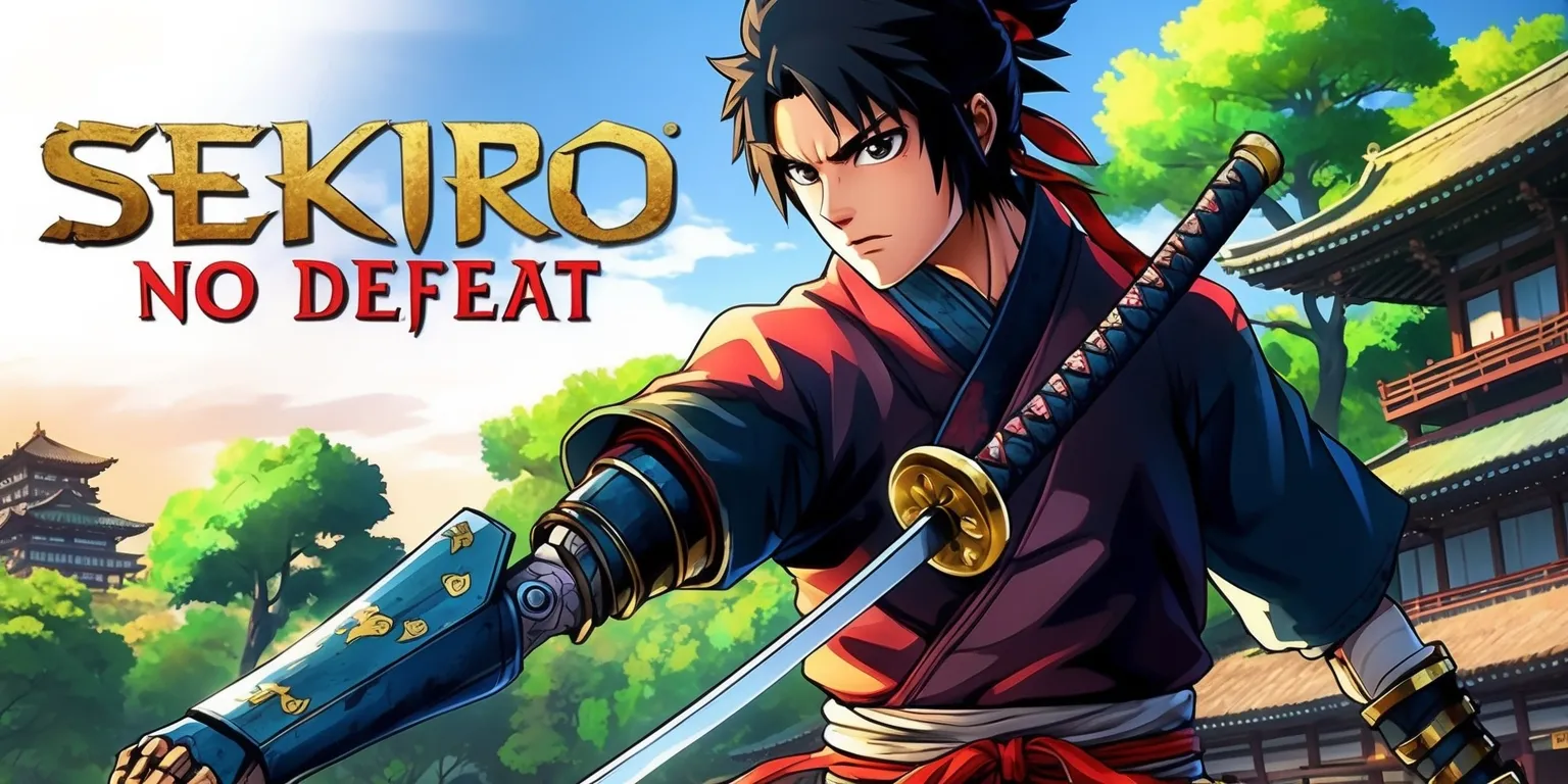A highly detailed and vibrant anime-style illustration of the protagonist from Sekiro: Shadows Die Twice, set against a backdrop of feudal Japan with lush green trees and traditional architecture, with the character wielding a katana and wearing a prosthetic arm, his facial features defined by a strong jawline and piercing eyes, with a serious expression, the overall art style reminiscent of traditional Japanese artwork with bold lines and expressive brushstrokes, the title Sekiro: No Defeat written in bold, golden kanji characters at the top of the image, with a subtle gradient effect to give it a sense of depth and texture.