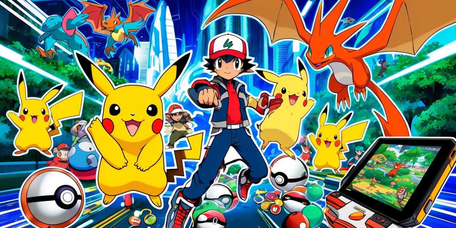 A vibrant and detailed scene depicting a Pokémon game, with a mix of popular Pokémon characters, such as Pikachu and Charizard, set against a backdrop of a futuristic cityscape or a lush forest, featuring a variety of colors, including bright blues, greens, and yellows, in a dynamic and action-packed style, with a layout that includes a main character or trainer in the foreground, surrounded by Pokémon and game-like elements, such as Poké Balls, badges, and a game console or handheld device, with bold lines, textures, and shading, and a focus on showcasing the excitement and adventure of the Pokémon universe.