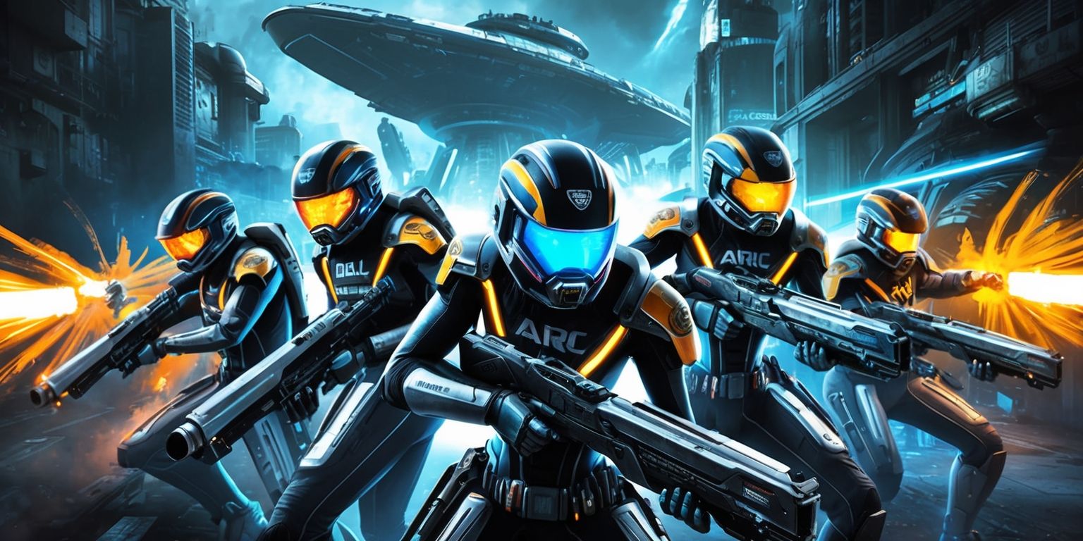 A futuristic sci-fi scene depicting a group of arc raiders from the game, with a mix of vibrant colors and neon lights, set against a dark and gritty urban backdrop, the raiders wearing sleek high-tech exosuits with metallic accents and bold logos, their facial features obscured by helmets with glowing blue visors, the scene is dynamic with a sense of movement and action, the raiders are armed with advanced energy weapons and are positioned in a strategic layout, with a massive alien spaceship looming in the background, the colors are predominantly dark blues and greys with bursts of bright orange and yellow, the overall style is reminiscent of a comic book or concept art, with bold lines and dramatic shading.