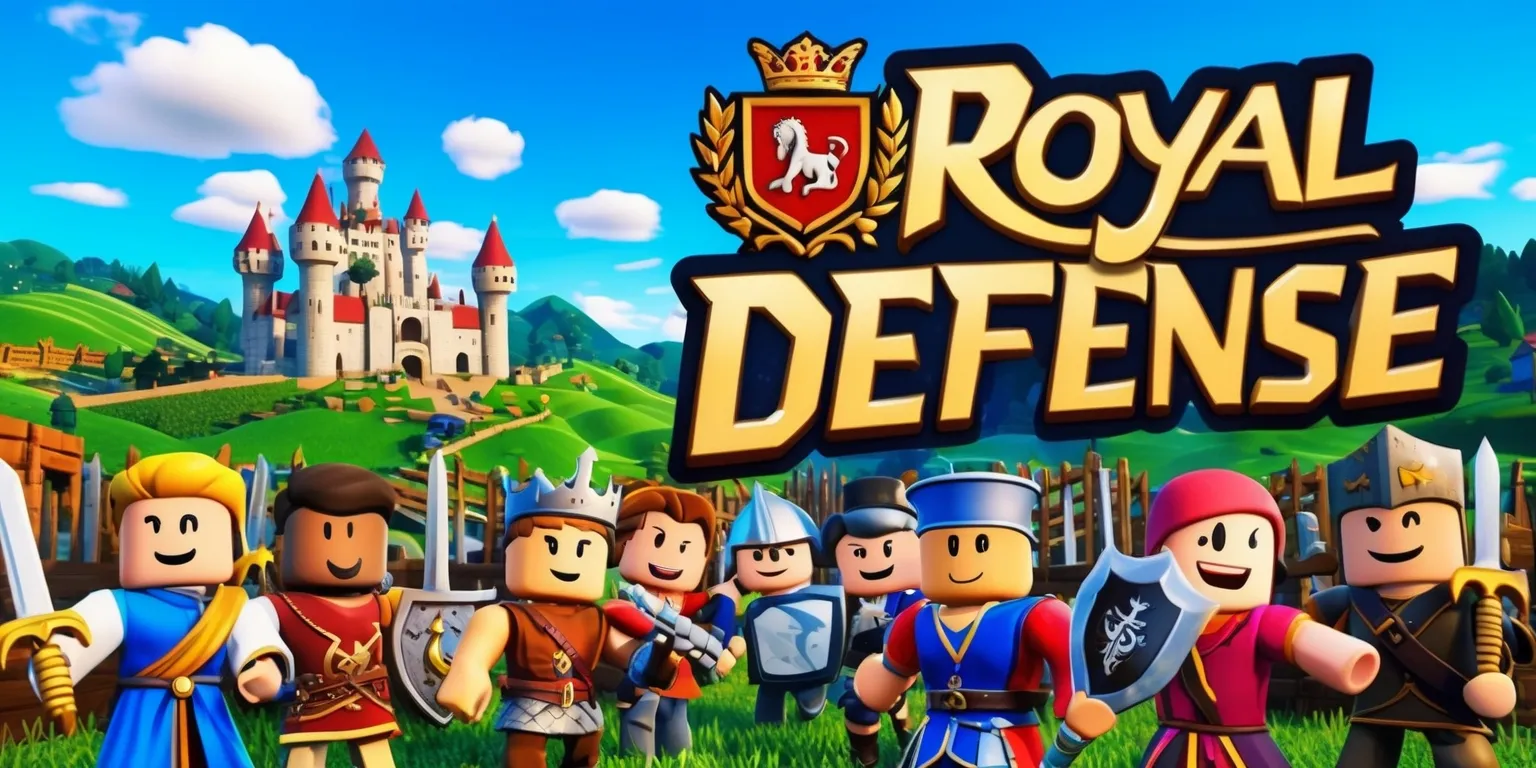 A vibrant digital artwork depicting a scene from the Royal Defense Roblox game, showcasing a medieval-themed landscape with rolling hills and a majestic castle in the background, surrounded by defensive structures and obstacles, with Roblox-style characters of various skin colors and facial features, including some with determined expressions and others with joyful smiles, wearing fantasy-inspired clothing and holding swords or shields, set against a bright blue sky with fluffy white clouds, with the game's logo prominently displayed in a bold, golden font with a regal crest above it, and the title Royal Defense written in a curved line above the logo in a stylish, cursive script with a metallic sheen.