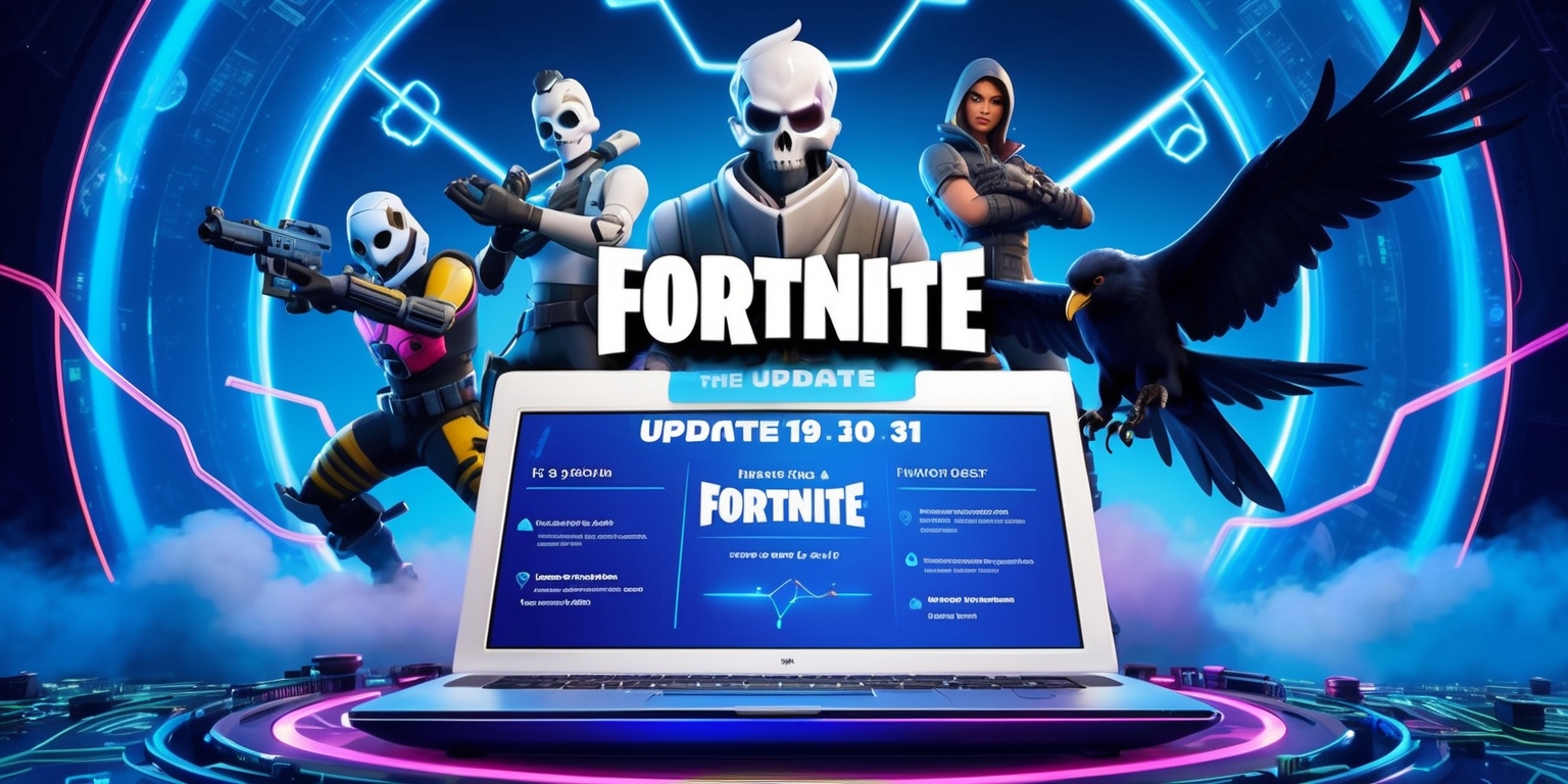 A futuristic, high-tech scene depicting the latest Fortnite game update, set against a vibrant, electric blue background with neon accents, showcasing the game's iconic characters, such as Skull Trooper and Raven, in dynamic poses, surrounded by swirling clouds of code, circuits, and glowing wires, with a massive, sleek, silver laptop or gaming console in the foreground, displaying the update's key features and patch notes in bold, modern, white font, with a subtle glow effect to represent the excitement and energy of the gaming community, and a hint of mist or fog to add depth and atmosphere to the overall composition.