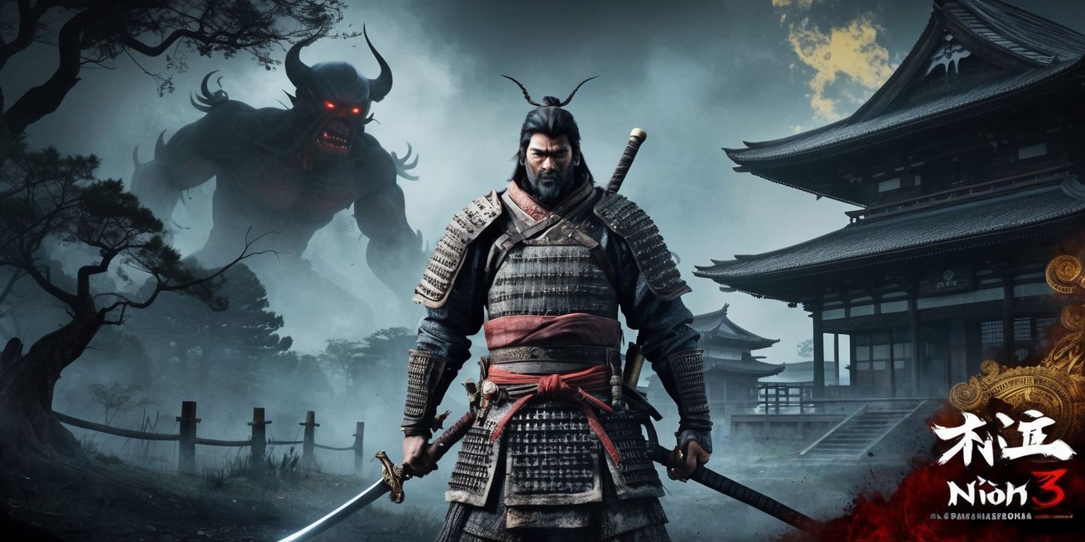 A dark fantasy action-adventure scene from Nioh 3, set in feudal Japan, with a lone samurai warrior standing amidst a misty, eerie landscape, surrounded by ancient trees and traditional Japanese architecture, with a giant, glowing, ominous oni demon looming in the background, the samurai wearing traditional, tattered, and worn-out Japanese armor, with a katana sword at his side, his facial features determined and rugged, with a strong jawline and piercing eyes, the atmosphere is ominous and foreboding, with a muted color palette of greys, blues, and dark reds, and a hint of golden light peeking through the mist, with intricate, traditional Japanese calligraphy and kanji characters subtly embedded in the scenery.