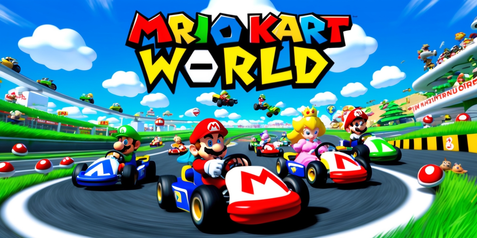 A vibrant, action-packed illustration of Mario Kart World, a bustling racing arena filled with iconic Nintendo characters, set against a bright blue sky with fluffy white clouds, showcasing Mario, Luigi, Princess Peach, and Toad racing their colorful karts on a winding track, surrounded by lush green grass, Goombas, and item boxes, with a dynamic layout highlighting speed and movement, blending digital and hand-drawn elements in a stylized, whimsical style reminiscent of the original Mario Kart game, with bold, saturated colors and exaggerated character expressions, capturing the excitement and joy of competitive racing.