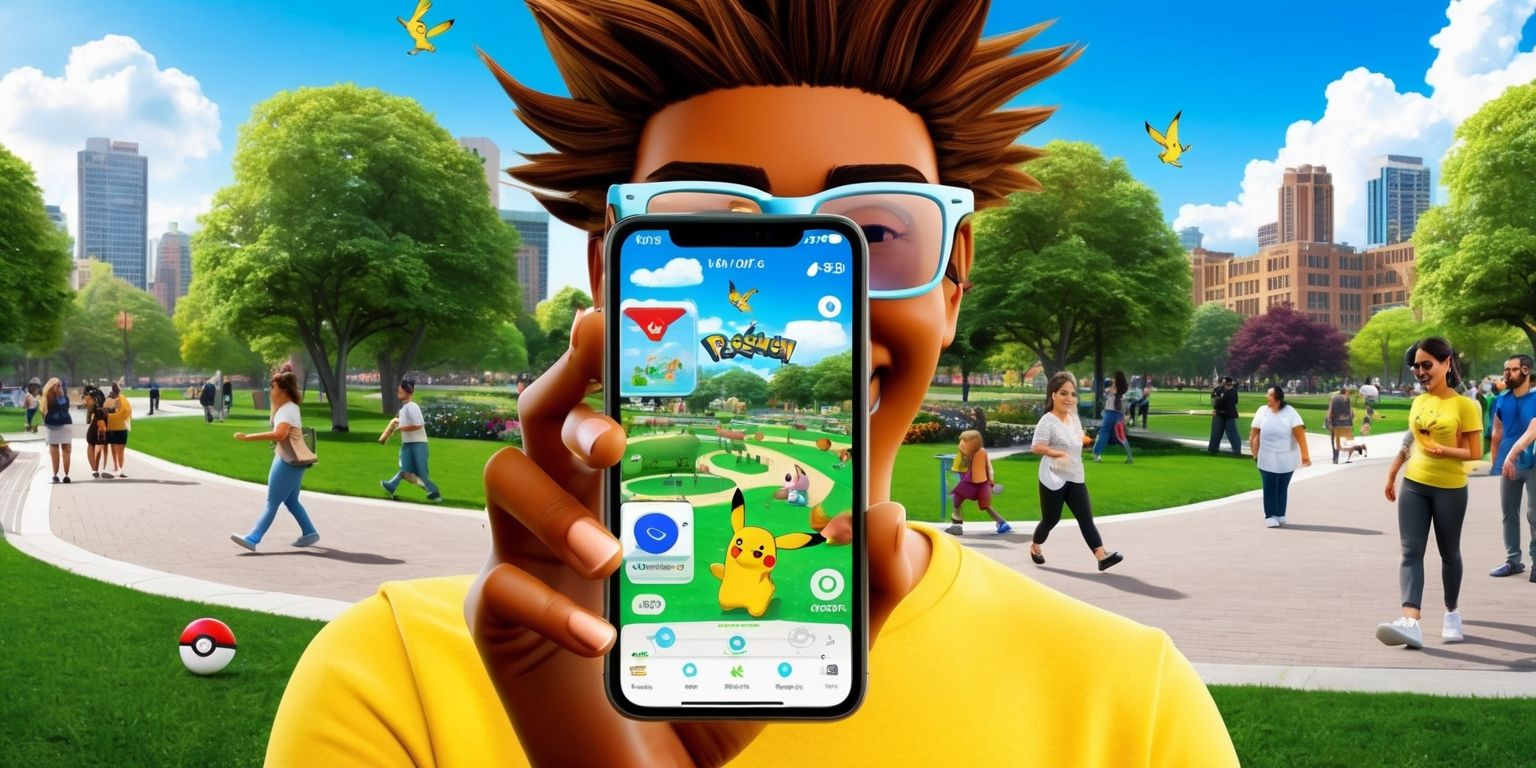 A vibrant and dynamic scene depicting a person holding a smartphone with the Pokémon Go game open on the screen, set against a backdrop of a lively city park with trees, walking paths, and people playing the game together, the smartphone screen showcasing a mix of Pokémon characters, maps, and game menus, with a few Pokémon roaming around in the augmented reality view, the person's face filled with excitement and focus, their skin tone a warm beige, with a few strands of hair falling across their forehead, wearing a yellow Pokémon Go t-shirt and a pair of trendy sunglasses, the overall atmosphere is one of fun and adventure, with a blue sky and white fluffy clouds above, and a few Poké Balls and other game items scattered around the scene.
