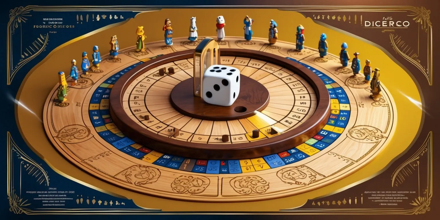 A detailed illustration of a Dicero game, featuring a large dice-rolling mechanism at its center, surrounded by various player pieces and scoring tracks, set against a warm, earthy background with accents of deep blue and golden yellow, the game board itself is made of high-quality wood with intricate engravings, the player pieces are small, colorful figurines with unique designs, the dice are large and transparent, showing the numbers clearly, the overall style is a mix of modern and vintage elements, with clean lines and elegant typography used for the game's title and instructions, the lighting is soft and natural, with a subtle glow effect on the dice and the game board.