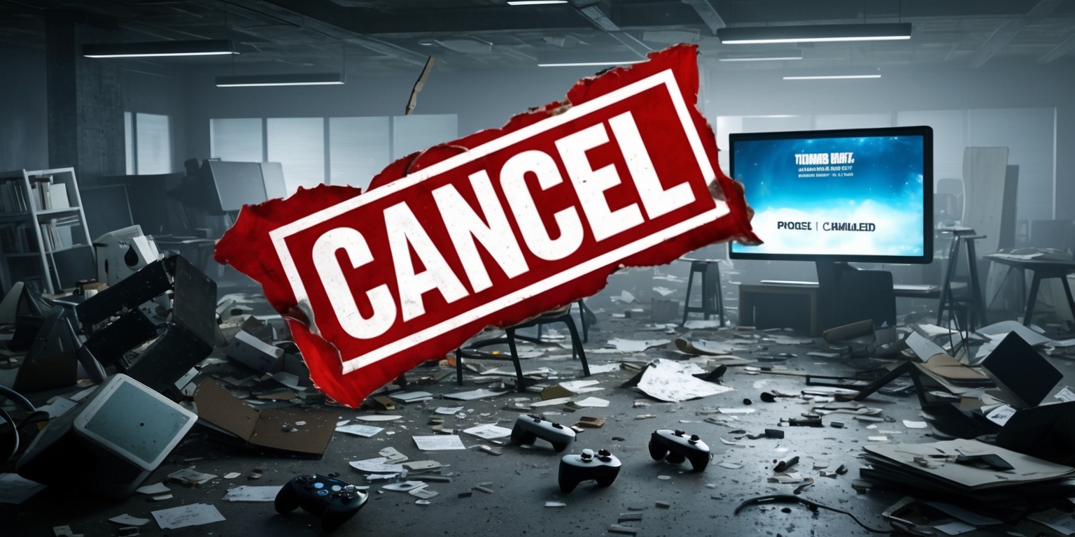 A dimly lit, cluttered office space with broken and upended chairs, scattered papers, and empty coffee cups, conveying a sense of chaos and disorder, serves as the backdrop for a bold, red Cancel stamp emblazoned across a giant, torn Warner Bros. Games logo, its once-vibrant colors now dulled and faded, with shattered game controllers and abandoned game development materials littering the floor, a faint glow of a computer screen in the distance displaying a paused game with a Project Canceled notification, and a few torn and crumpled up papers with scribbled notes and concept art nearby, with a few scattered business suits and ties discarded amidst the rubble, amidst the somber, muted color palette of grays, whites, and dark blues, evoking a sense of disappointment and despair.