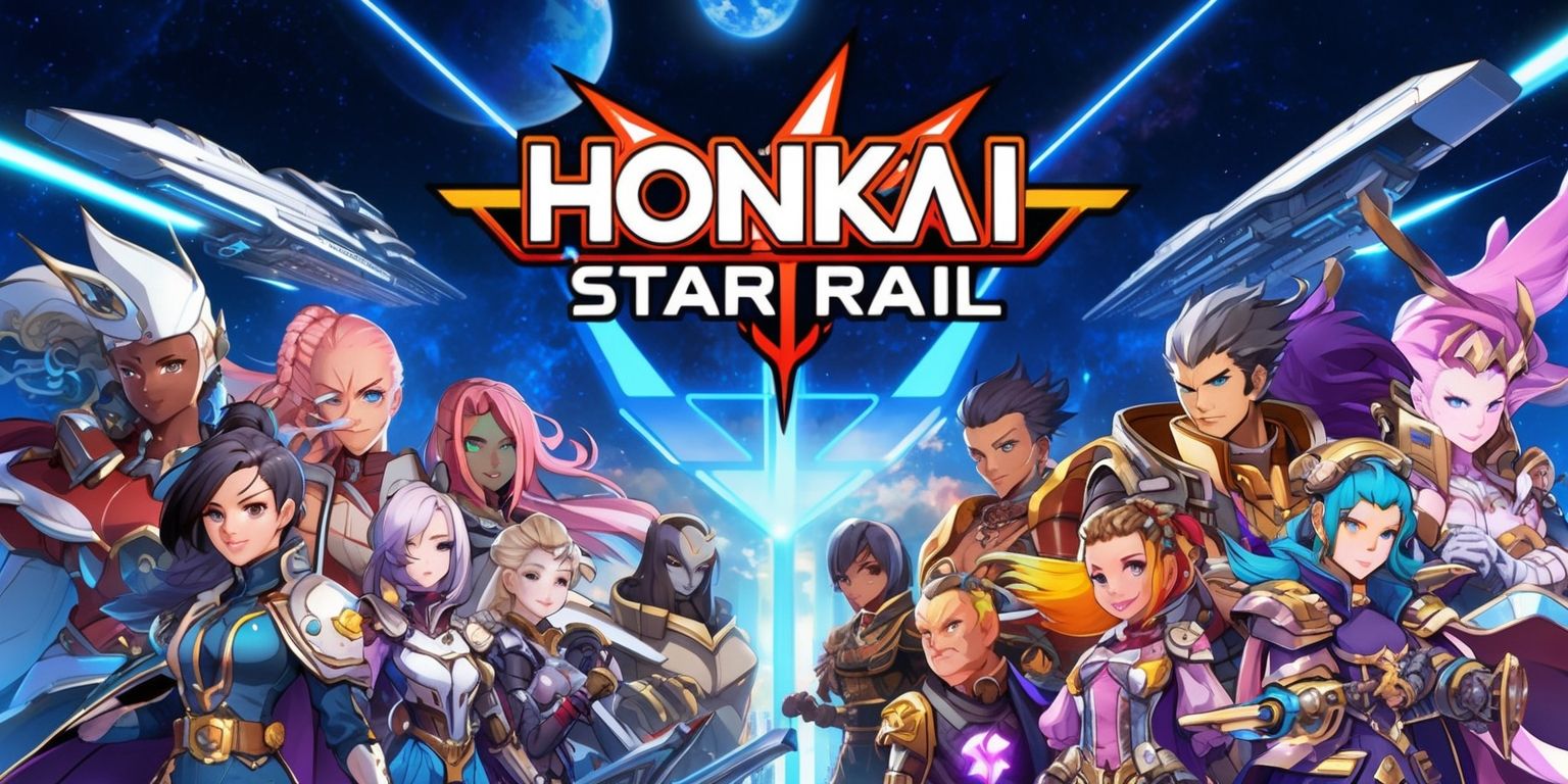 A vibrant, sci-fi themed illustration depicting characters and elements from the Honkai: Star Rail game, set against a stunning, starry night sky with sleek spaceships and celestial bodies in the background, featuring a diverse cast of characters with unique facial features, skin colors, and distinctive outfits, including intricate details on their armor, weapons, and accessories, with a mix of bold, metallic colors and softer, pastel hues, and a sense of dynamic movement and energy, as if the characters are about to embark on an epic adventure, with the game's logo prominently displayed in a stylized, futuristic font with sharp, angular lines and a bright, neon glow.