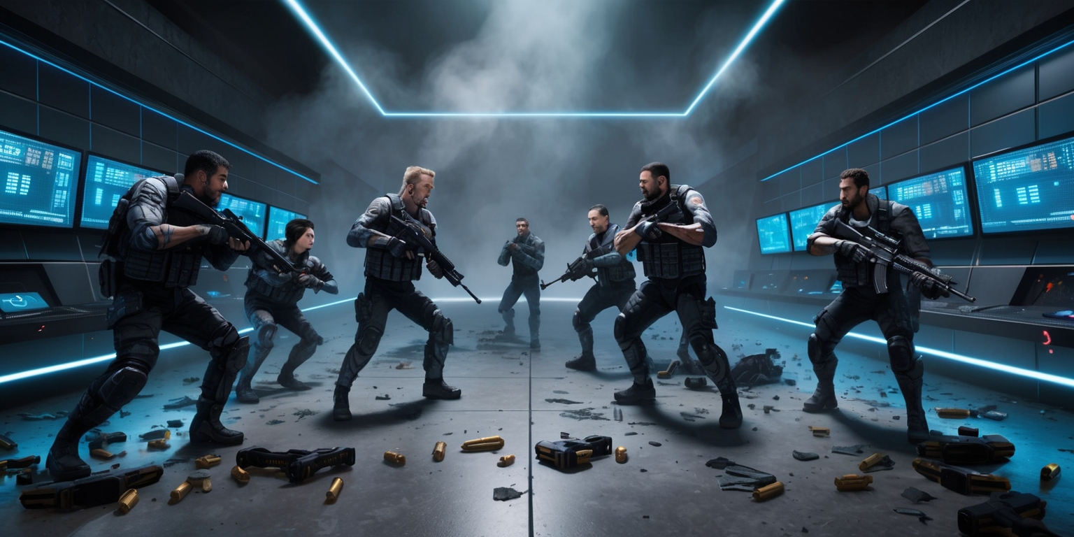 A futuristic and high-tech image depicting a chaotic Counter-Strike 2 game scene, set in a dimly lit, smoke-filled arena with subtle neon lights reflecting off the polished concrete floor, the walls lined with sleek, metallic surfaces and flickering computer screens displaying real-time game stats, with two opposing teams of five players each, clad in futuristic tactical gear and wielding advanced weaponry, their faces set in intense, focused expressions, their skin tones ranging from pale to dark, with subtle, realistic sweat and dirt details, surrounded by empty bullet casings, shattered glass, and debris, the atmosphere tense and immersive, with a dominant color palette of dark blues and greys, accented by bursts of bright, electric blue and red, the overall style a blend of photorealism and stylized, modern gaming aesthetics, with crisp lines, vibrant textures, and dramatic shadows, the composition dynamic and action-packed, with a sense of energy and urgency emanating from the central conflict.