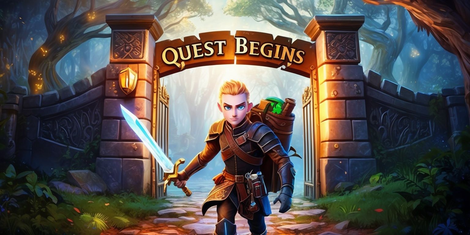 A vibrant and dynamic illustration of a fantasy adventure game scene, set in a mystical forest with ancient trees, twinkling fireflies, and a misty atmosphere, featuring a courageous young protagonist with determination etched on their face, fair skin, and striking blue eyes, clad in a suit of leather armor, wielding a glowing sword, with a backpack full of supplies and a map in hand, standing in front of a massive stone gate with intricate carvings, adorned with a shiny metallic lock and a bold font sign that reads Quest Begins, under a warm and inviting light, with a sense of excitement and thrill, inviting the viewer to join the adventure.