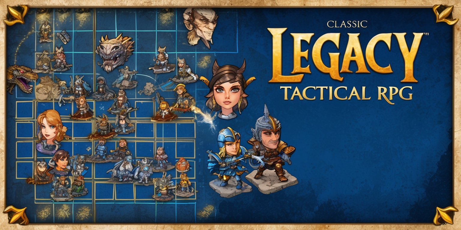 A nostalgic illustration of a classic Legacy Tactical RPG game, set in a medieval fantasy world with a mix of magic and mythical creatures, featuring a grid-based battlefield with characters and enemies positioned in a strategic layout, a color palette of deep blues and golds, with intricate details on character designs, including unique facial features, varied skin tones, and distinctive armor sets, the game's logo emblazoned in bold, golden font at the top of the image, with subtle textures and shading to evoke a sense of depth and dimensionality.