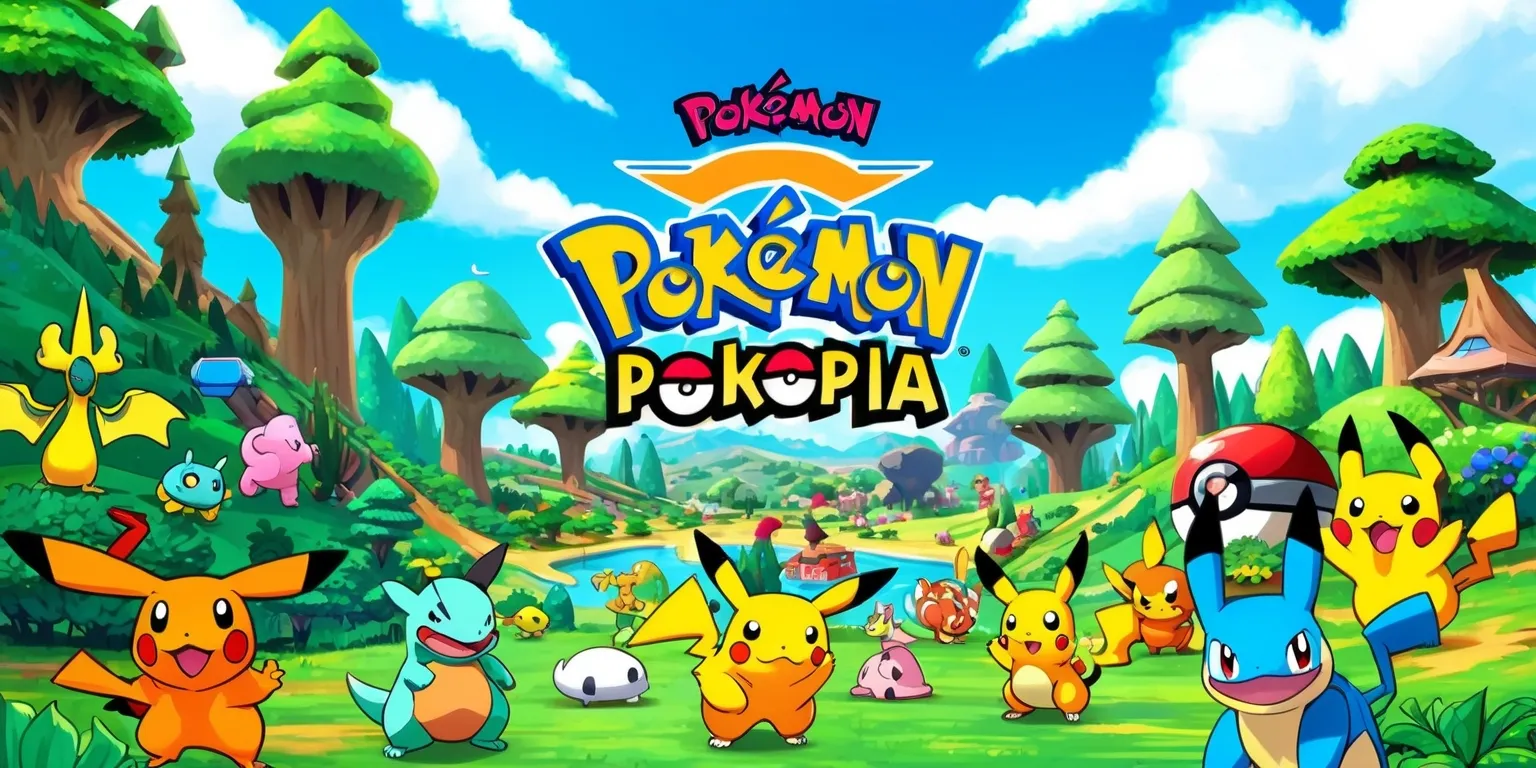 A vibrant and colorful digital illustration of the Pokémon Pokopia game, set in a fantasy world with lush green forests, towering trees, and rolling hills, featuring various Pokémon characters in the foreground, with a bright blue sky and fluffy white clouds in the background, the Pokémon are designed in a stylized and cartoonish manner with bold lines and textured details, the overall style is reminiscent of a classic video game, with a sense of adventure and excitement, the layout is dynamic with Pokémon scattered throughout the scene, and the framing is wide enough to capture the entire world of Pokopia, with a focus on the magical and whimsical elements of the game.